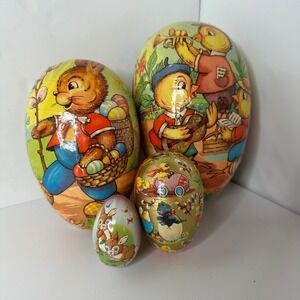 4 Vintage Nesting Easter Eggs Western Germany Paper Mache Tin Candy Bunny Ducks